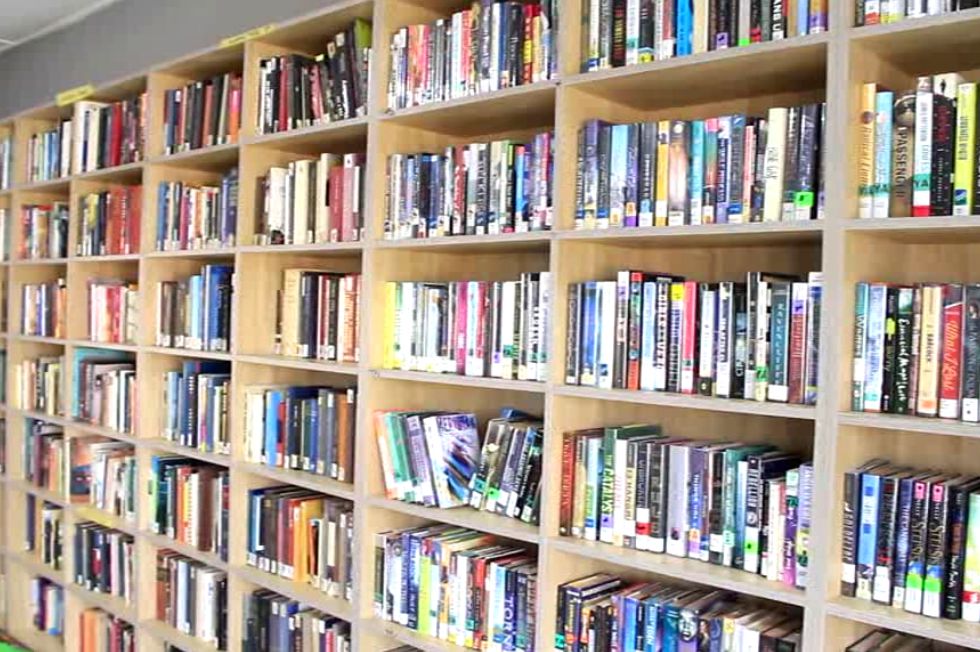 The shelves with the books at the library